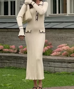 Elegant Patchwork Ruffle Knitted Midi Dress Women Lapel Single Breaster Long Sleeve Slim Dresses Autumn Chic.jpg (1)