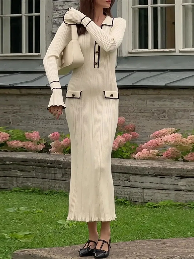 Elegant Patchwork Ruffle Knitted Midi Dress Women Lapel Single Breaster Long Sleeve Slim Dresses Autumn Chic.jpg (1)