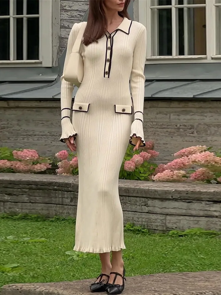 Elegant Patchwork Ruffle Knitted Midi Dress Women Lapel Single Breaster Long Sleeve Slim Dresses Autumn Chic.jpg (2)