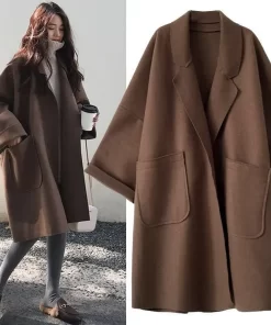 Elegant Woolen Trench Coat Winter for Women Vintage Windbreakers Jacket Mid Length Loose Turn Down Collar Plus Size 4XL Cardigan