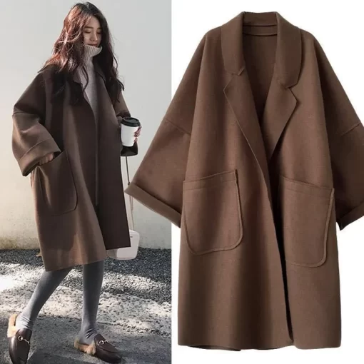 Elegant Woolen Trench Coat Winter for Women Vintage Windbreakers Jacket Mid Length Loose Turn Down Collar Plus Size 4XL Cardigan