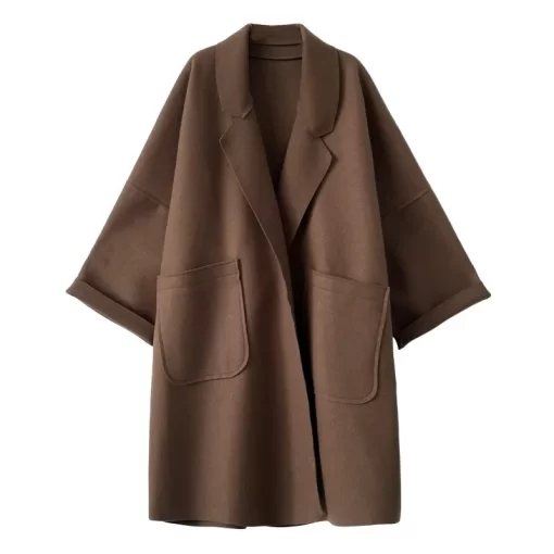 Elegant Woolen Trench Coat Winter for Women Vintage Windbreakers Jacket Mid Length Loose Turn Down Collar.jpg