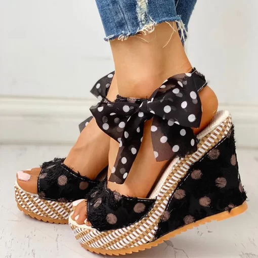 EoCQWomen Sandals Dot Bowknot Design Platform Wedge Female Casual High Increas Shoes Ladies Fashion Ankle Strap