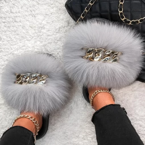 EsQ7Furry Slides New Arrival Girl Luxury Fluffy Fur Slippers Fashion Fuzzy Slides Women Amazing Shoes Plush