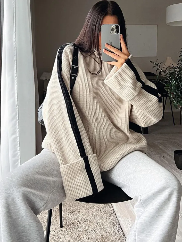 Fashion Patchwork Turtleneck Sweaters For Women Loose Long Sleeve Knitted Top Pullovers 2023 Autumn Female Elegant.jpg (1)