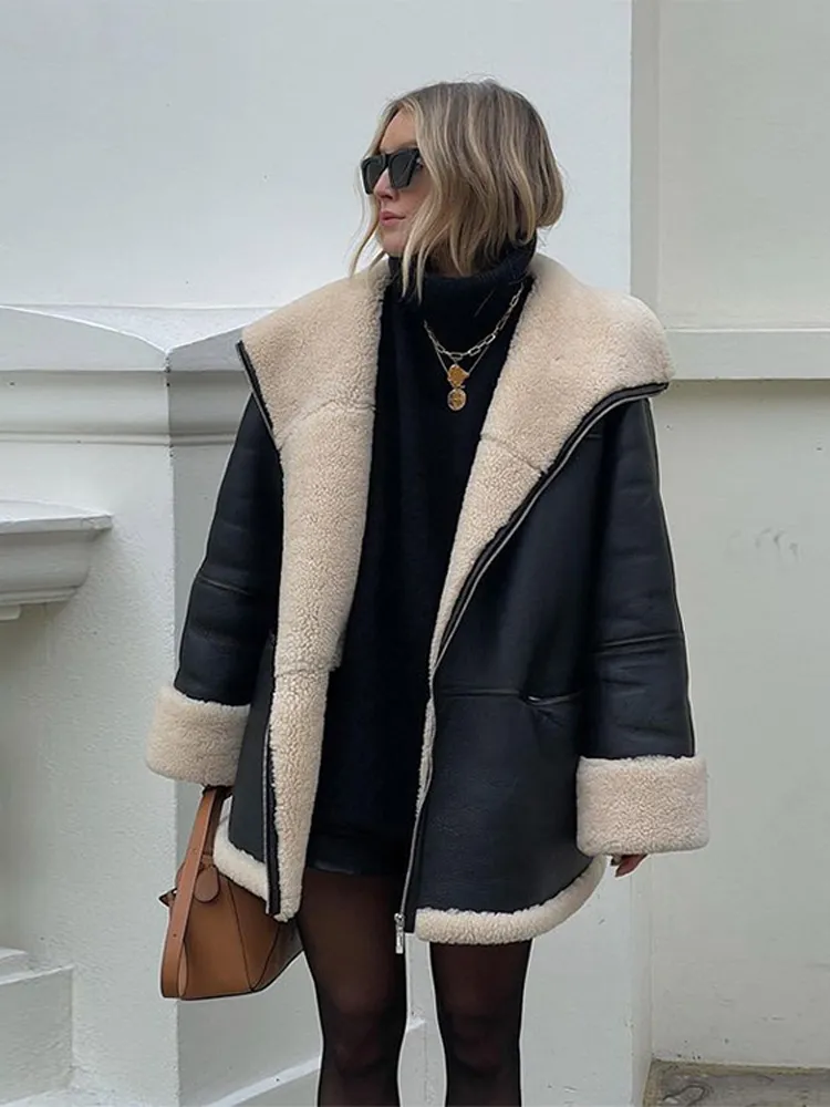 Fashion Warm Leather Fur Coat Women 2023 Winter Long Sleeve Chic Velvet Lapels Coats Female Street.jpg (3)