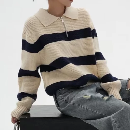 Jielur Ins Contrast Color Stripe Knitting Sweater Female Pullovers Korean Chicly Zipper Simple Casual 2 colors.jpg 640x640.jpg