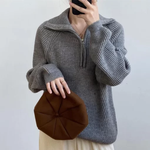 Korean Fashion Half Zipper Turn down Collar Pullover Sweater Women Autumn Winter Loose Long Sleeve Knitted.jpg 640x640.jpg (1)