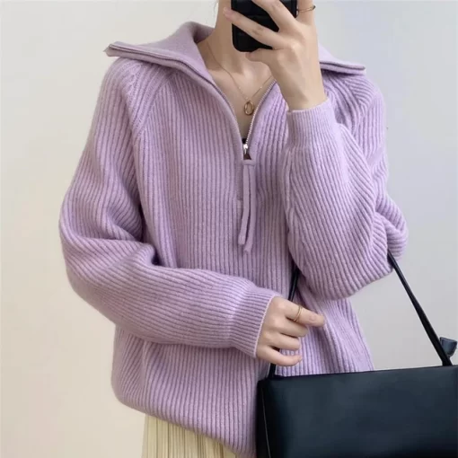 Korean Fashion Half Zipper Turn down Collar Pullover Sweater Women Autumn Winter Loose Long Sleeve Knitted.jpg 640x640.jpg (2)