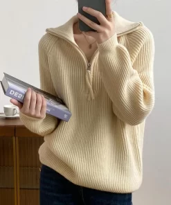 Korean Fashion Half Zipper Turn down Collar Pullover Sweater Women Autumn Winter Loose Long Sleeve Knitted.jpg 640x640.jpg (3)