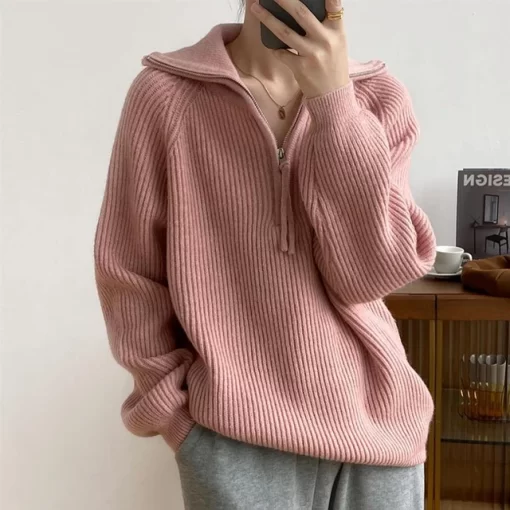 Korean Fashion Half Zipper Turn down Collar Pullover Sweater Women Autumn Winter Loose Long Sleeve Knitted.jpg 640x640.jpg (4)