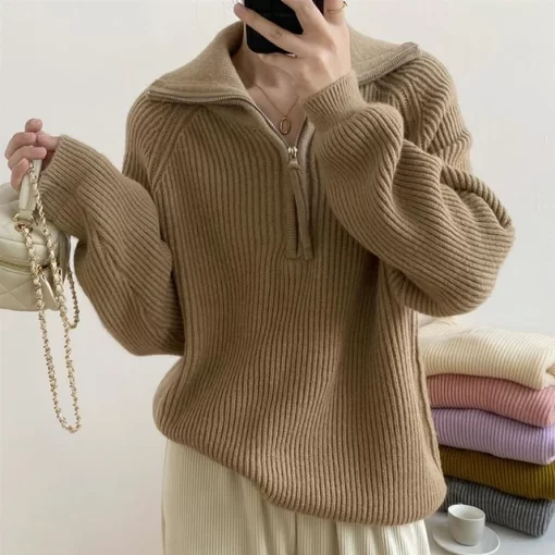 Korean Fashion Half Zipper Turn down Collar Pullover Sweater Women Autumn Winter Loose Long Sleeve Knitted.jpg 640x640.jpg