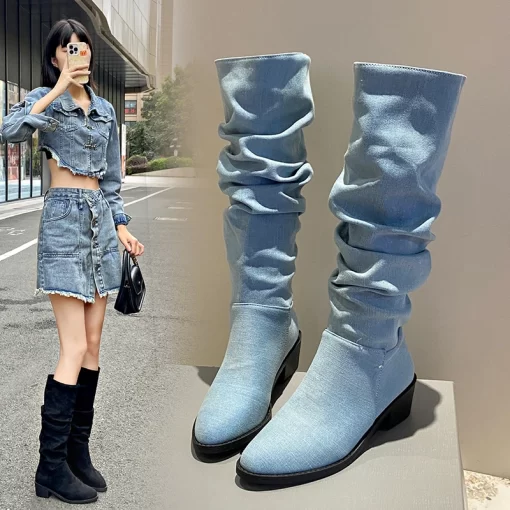 Ladies Western Boots 2023 New Platform Women s Knee High Boots Fashion Outdoor Casual Blue Cowboy.jpg