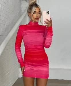 Mozision Turtleneck Long Sleeve Ruched Mini Dress Women 2023 Autumn Winter New Two Layer Mesh Bodycon.jpg (3)