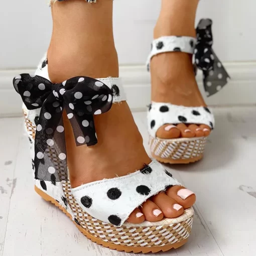 N7hYWomen Sandals Dot Bowknot Design Platform Wedge Female Casual High Increas Shoes Ladies Fashion Ankle Strap