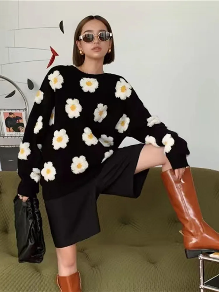 New Autumn Winter Knitted Sweater Women Korean Fashion Vintage Jacquard Daisy Flower Tops Long Sleeve Casual.jpg (2)