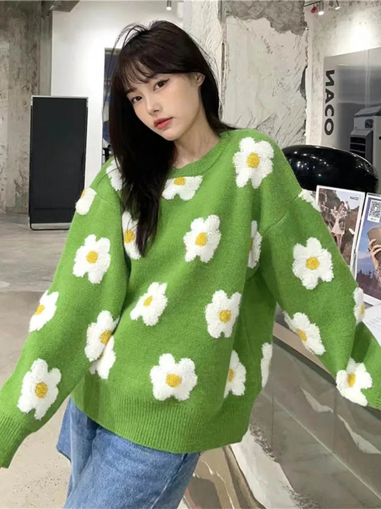 New Autumn Winter Knitted Sweater Women Korean Fashion Vintage Jacquard Daisy Flower Tops Long Sleeve Casual.jpg