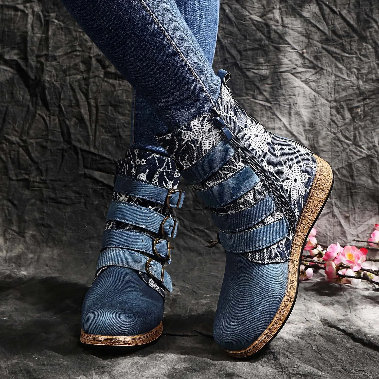 New Women Denim Boots Retro Printed Metal Buckle Soft Bottom Zipper Ankle Boots Ladies Shoes Fashion.jpg (2)