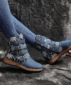 New Women Denim Boots Retro Printed Metal Buckle Soft Bottom Zipper Ankle Boots Ladies Shoes Fashion.jpg