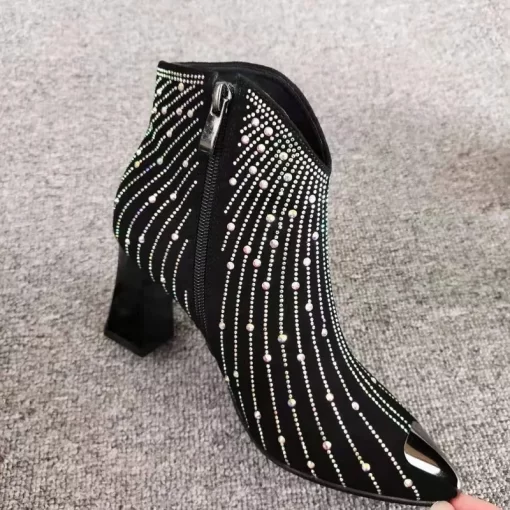 New Women Rhinestone Ankle Boots,Fashion Autumn:Winter Shoes,Shine Short Botas,Side Zip,Pointed Toe,Black