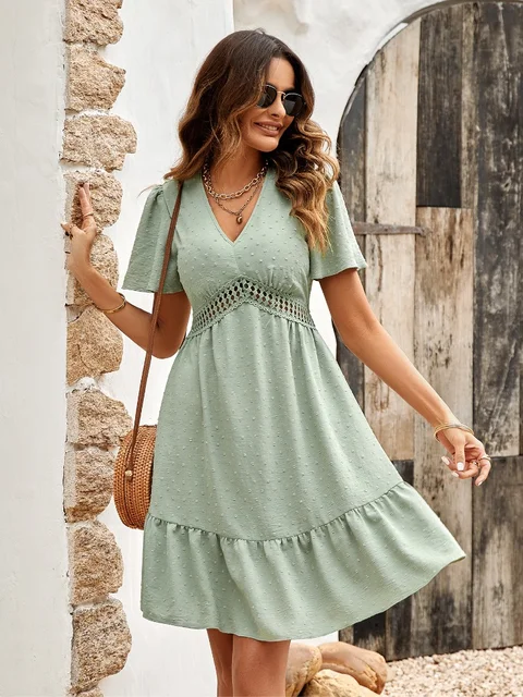 New in Women Dress Fashion Shirring Hollow Out Fresh V neck Solid Color Polyester Butterfly Leaf.jpg 640x640.jpg