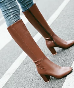 Pu Boots Women Knee High Boots Thick High Heels Boots Square Toe Shoes Female Shoes Ladies.jpg