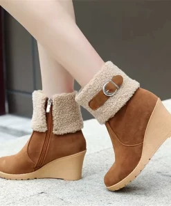 TU8nWinter Boots Women Fur Warm Snow Boots Ladies Side Zip Wedges Flock Booties Ankle Boots Comfortable