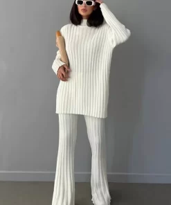 Two Piece Set for Women Autumn Winter Long sleeved Sweater Wide Leg Pants Set Knitted Top.jpg (3)
