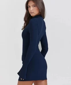 Women Elegant Dark Blue Commuting Mini Dress 2023 Autumn Sexy Pocket Long Sleeve Bodycon Dresses Lady.jpg