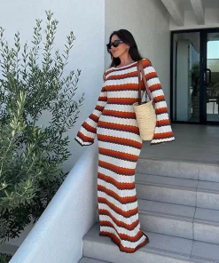 Women s Cotton Knitted Bodycon Backless Dress Striped Hollowed Out Flared Sleeves Ruffle Vestidos O neck.jpg (1)