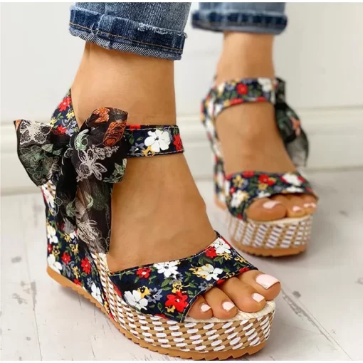 dopMLadies Summer Beach Boho Floral Wedge Sandals Women Ankle Strap Platform Gladiator Shoes Woman High Heels
