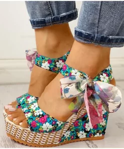 n5lYLadies Summer Beach Boho Floral Wedge Sandals Women Ankle Strap Platform Gladiator Shoes Woman High Heels