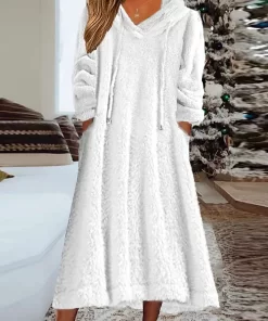 qoS1Winter Fleece Warm Hooded Sweatshit Dress Casual Loose Long Sleeve Pullover Dress Fashion Solid Autumn Women