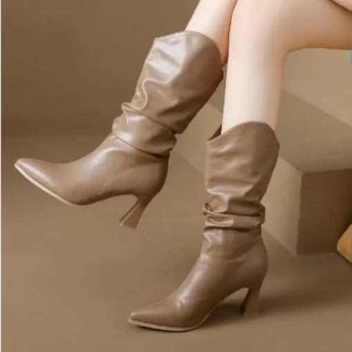 0JXvSexy Pleated Chelsea Mid Calf Boots Women High Heels Shoes 2023 Winter Trend New Pointed Toe