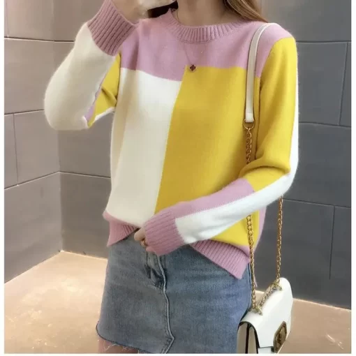 0Qr7FIGOHR Women s Knitted O Neck Color Contrast Sweater Loose Long Sleeve Wool Pullover for Autumn