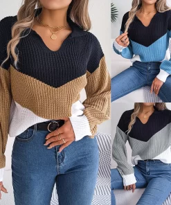 0kLXPatchwork Color Lantern Long Sleeve Knitted Sweater Women Casual Pullovers Autumn Winter 2023