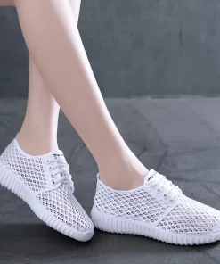 2E9fWomens Shoes Hollow Out Breathable Lace Up Flats Breathable Mesh Lightweight Shoes Casual All match Sneakers