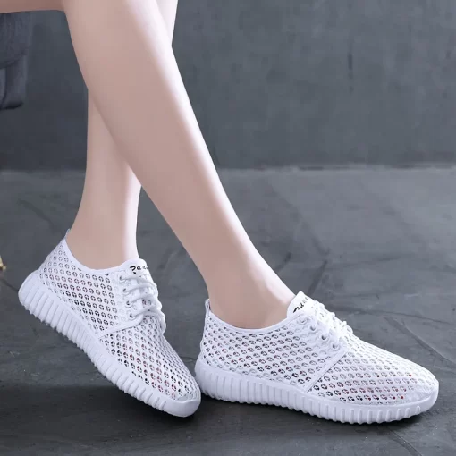 2E9fWomens Shoes Hollow Out Breathable Lace Up Flats Breathable Mesh Lightweight Shoes Casual All match Sneakers