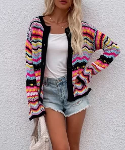2IroFemale Rainbow Color Striped Sweater Cardigan Autumn Women Casual Cardigan Simple Front Open Sweaters Hollow Out