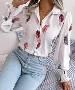 2ZsPWomen Casual Feather Print Collar Long Sleeve Shirt White Pink Blue