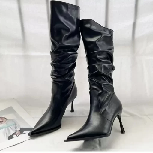 2lEXPointed Pleated High Barrel Boots for Women in Autumn 2023 Trendy Thin Heel Stacked Boots High