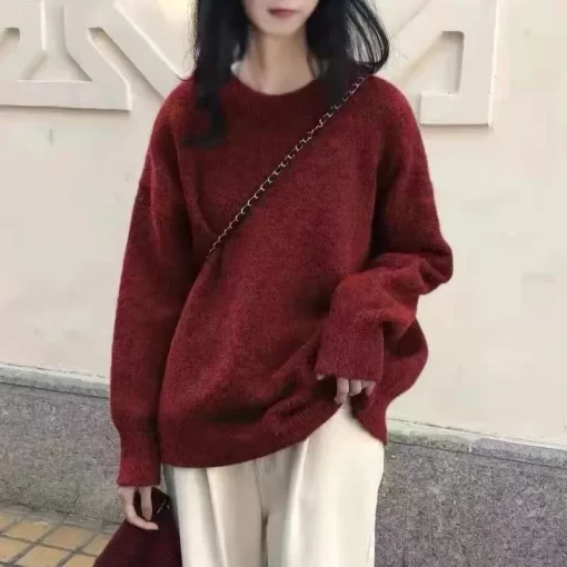 2qDNVintage Women Solid Sweaters Autumn Winter O Neck Long Sleeve Pullovers Tops Korean Fashion Soft Thick