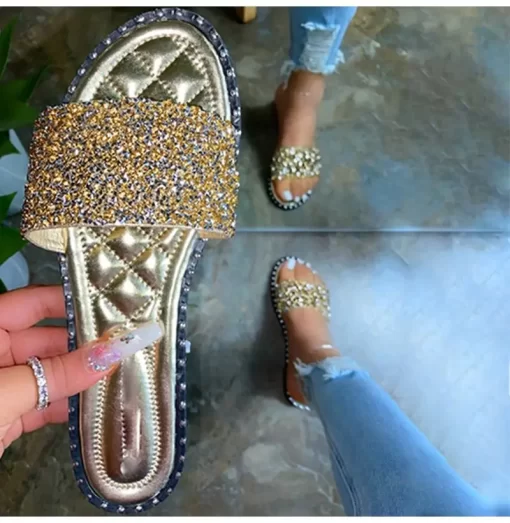 3GreWomen Crystal Slippers Ladies Bling Flats Female Fashion Outdoor Beach Shoes Female Footwear Women Summer Slides