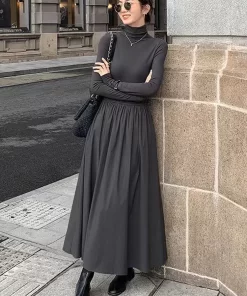 3fnIAutumn Winter Dress Women Korean Fashion Solor Color Turtleneck Dress Female French Elegant Vintage Slim Pleated