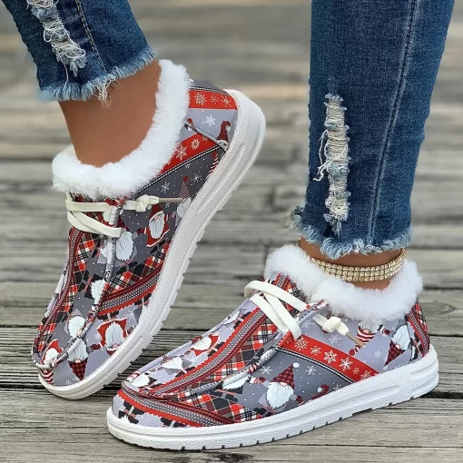 4FWeLadies Flat Casual Shoes Women New Winter Ankle Snow Boots Woman Christmas Print Cotton Shoes Short