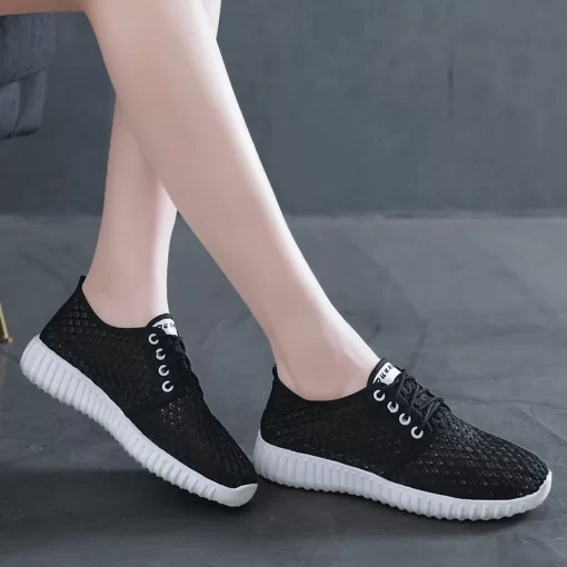 4ccVWomens Shoes Hollow Out Breathable Lace Up Flats Breathable Mesh Lightweight Shoes Casual All match Sneakers