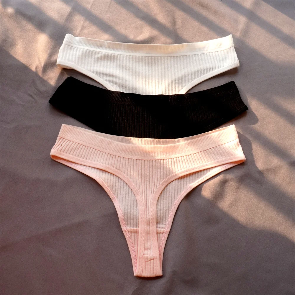 574Q3 Pcs Seamless Ladies Ribbed Cotton Thong Simple Women s Low Waist Bikini Briefs Sports Girls