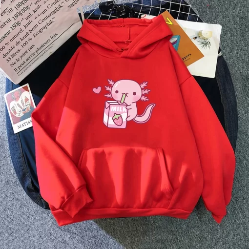 62TRAnime Axolotl Loves Strawberry Milk Doodle Hoodie Kawaii Hoodies Winter Women Spring Autumn Unisex Sweatshirt Harajuku