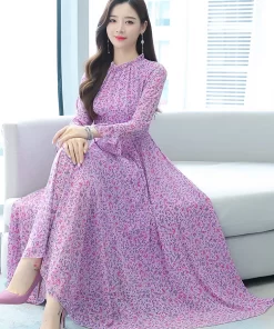 75h0Purple Chiffon Floral Spring Women Dress Bohemian Casual Beach Clothes For Party Elegant Blue Long Sleeve