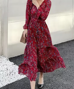 85EiEuropean and American Fashion Pastoral Outdoor Floral Style V neck Long sleeved Wine Red Big Swing